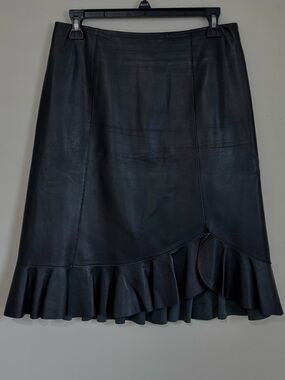The Wrights black soft leather ruffle hem A-line midi skirt office party causal